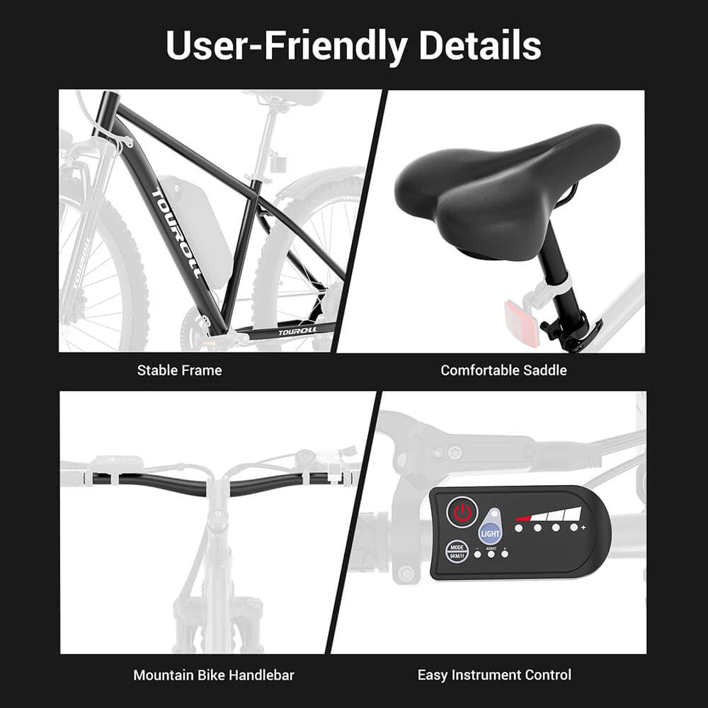 Bici elettrica Touroll U2, motore da 250 W, batteria da 48 V 15 Ah, pneumatici da 29 pollici, autonomia 150 km, freno a disco idraulico, forcella ammortizzata, cambio Shimano a 7 velocità.