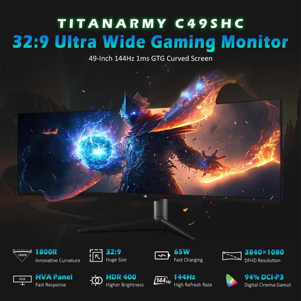 TITAN ARMY C49SHC Moniteur de jeu, 49 pouces, panneau CSOT HVA 38401080, écran incurvé surdimensionné 32:9, taux de rafraîchissement élevé de 144 Hz, écran partagé PIP/PBP intelligent, Adaptive-Sync, 1HDMI 2.0 1DP 1.4 1USB-C complet 1USB-B 2USB-A, charge inversée 65 W