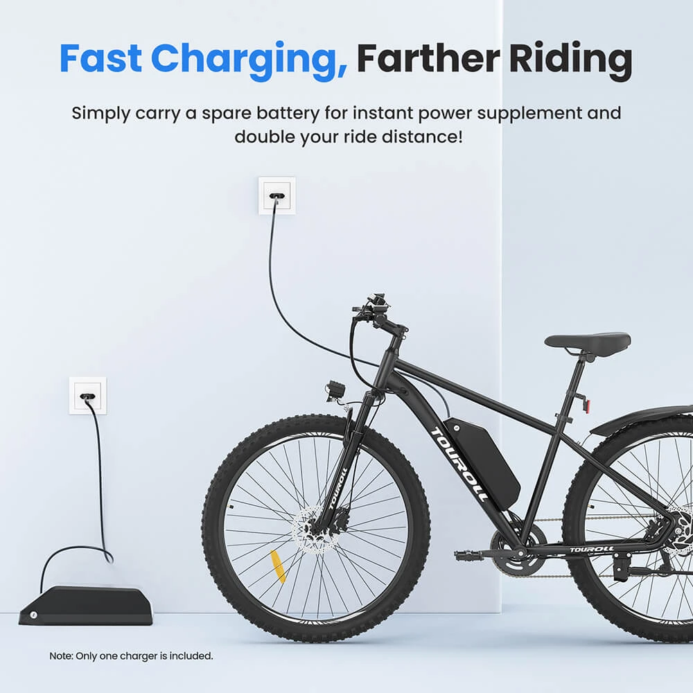 Bici elettrica Touroll U2, motore da 250 W, batteria da 48 V 15 Ah, pneumatici da 29 pollici, autonomia 150 km, freno a disco idraulico, forcella ammortizzata, cambio Shimano a 7 velocità.