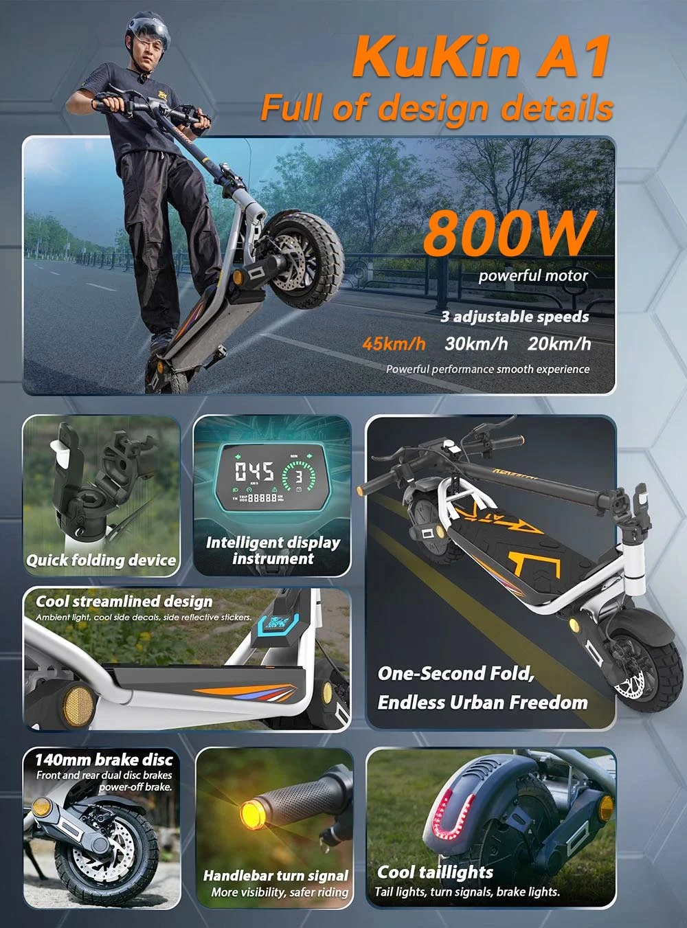 Kukirin A1 Folding Electric Scooter, 800W Motor, 48V 13Ah Battery, 10 inch Vacuum Tire, 45km/h Max Speed, 45km Range, Front & Rear Disc Brake, Front & Rear Shock Absorption