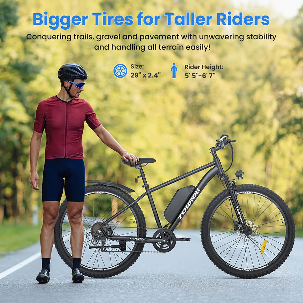 Bici elettrica Touroll U2, motore da 250 W, batteria da 48 V 15 Ah, pneumatici da 29 pollici, autonomia 150 km, freno a disco idraulico, forcella ammortizzata, cambio Shimano a 7 velocità.
