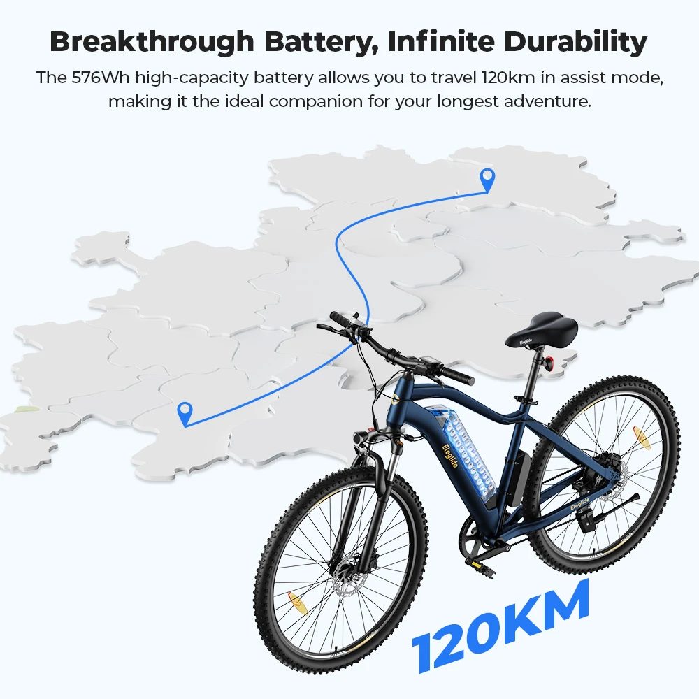 Eleglide Mopride 3 Bicicletă electrică, 250W Motor, 48V 12Ah Baterie, 29*,4 inch anvelope, 25km/h Viteză maximă, 120km Max Range, Braț hidraulic cu disc, Suspensie cu blocare, Shimano 7-Speed, LCD Display, Control al aplicației