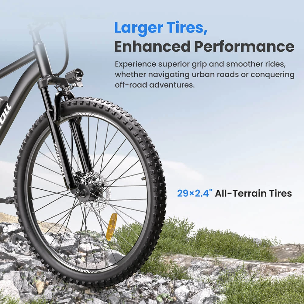 Bici elettrica Touroll U2, motore da 250 W, batteria da 48 V 15 Ah, pneumatici da 29 pollici, autonomia 150 km, freno a disco idraulico, forcella ammortizzata, cambio Shimano a 7 velocità.