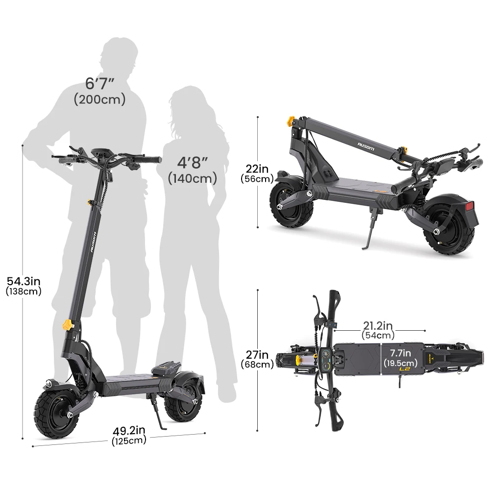 Ausom L2 Max Scuter electric, 2*1000W Motor, 48V baterie de 20.8Ah, 3*10 inch anvelope, 65km/h Max Speed, 90km, 60km, Brake cu punte față și spate, Suspensie de arma de balansare, Mount Ascuns AirTage