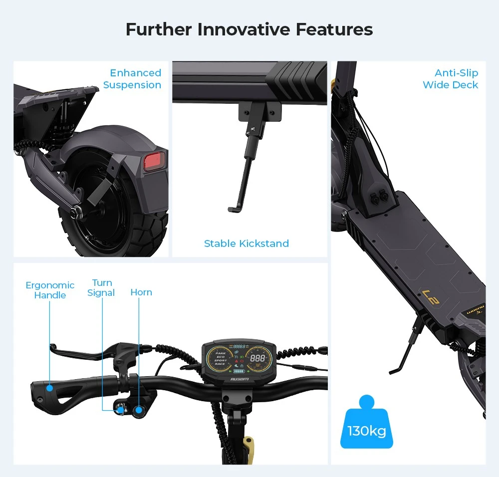 Ausom L2 Scuter electric, 800W Motor, 48V 15,6Ah Baterie, 10 inch Tiruri, 45km/h Max Speed, 70km, Frâne cu disc frontal și spate, Suspensie pentru braț, Display LCD