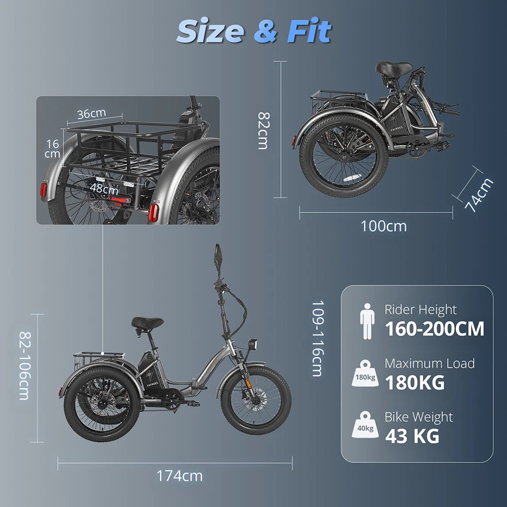 FAFREES F20 Mate Electric Cargo Tricycle Upgrade Version, 500W Motor, 48V 21Ah Battery, 20*3.0 inch Tires, 25km/h Max Speed, 115km Max Range, Hydraulic Disc Brakes, Triple Suspension System, Aluminum Differential - Black