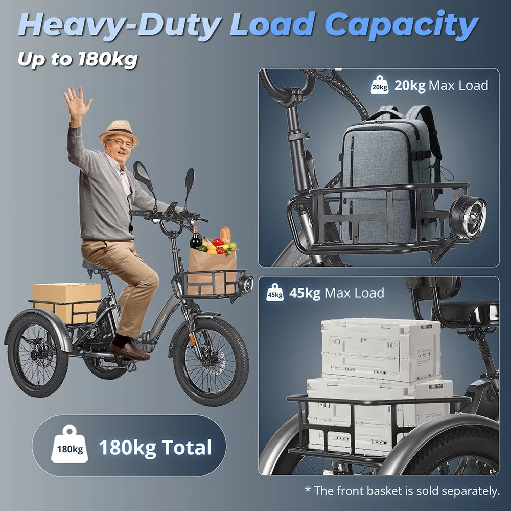 FAFREES F20 Mate Electric Cargo Tricycle Upgrade Version, 500W Motor, 48V 21Ah Battery, 20*3.0 inch Tires, 25km/h Max Speed, 115km Max Range, Hydraulic Disc Brakes, Triple Suspension System, Aluminum Differential - Black