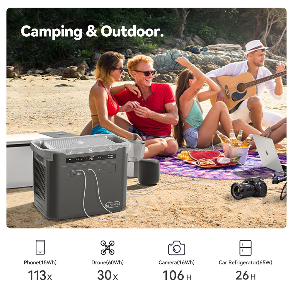 Centrale électrique portable Flashfish S25, générateur d'extérieur 2 000 W 1 997 Wh, éclairage LED, batterie LiFePO4 3 000 mAh, charge rapide CA 1 600 W, onduleur