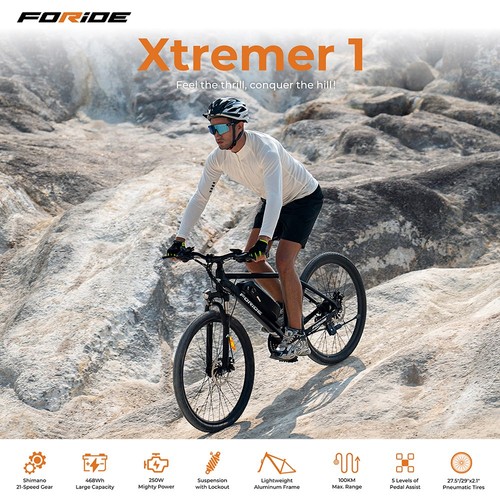 „Foride Xtremer 1“ elektrinis dviratis, 250 W variklis, 36 V 13 Ah akumuliatorius, 29 colių padangos, maksimalus greitis 25 km/h, maksimalus nuvažiuojamas atstumas 100 km, diskiniai ir elektriniai stabdžiai, pakaba su blokavimu, „Shimano“ 21 pavara