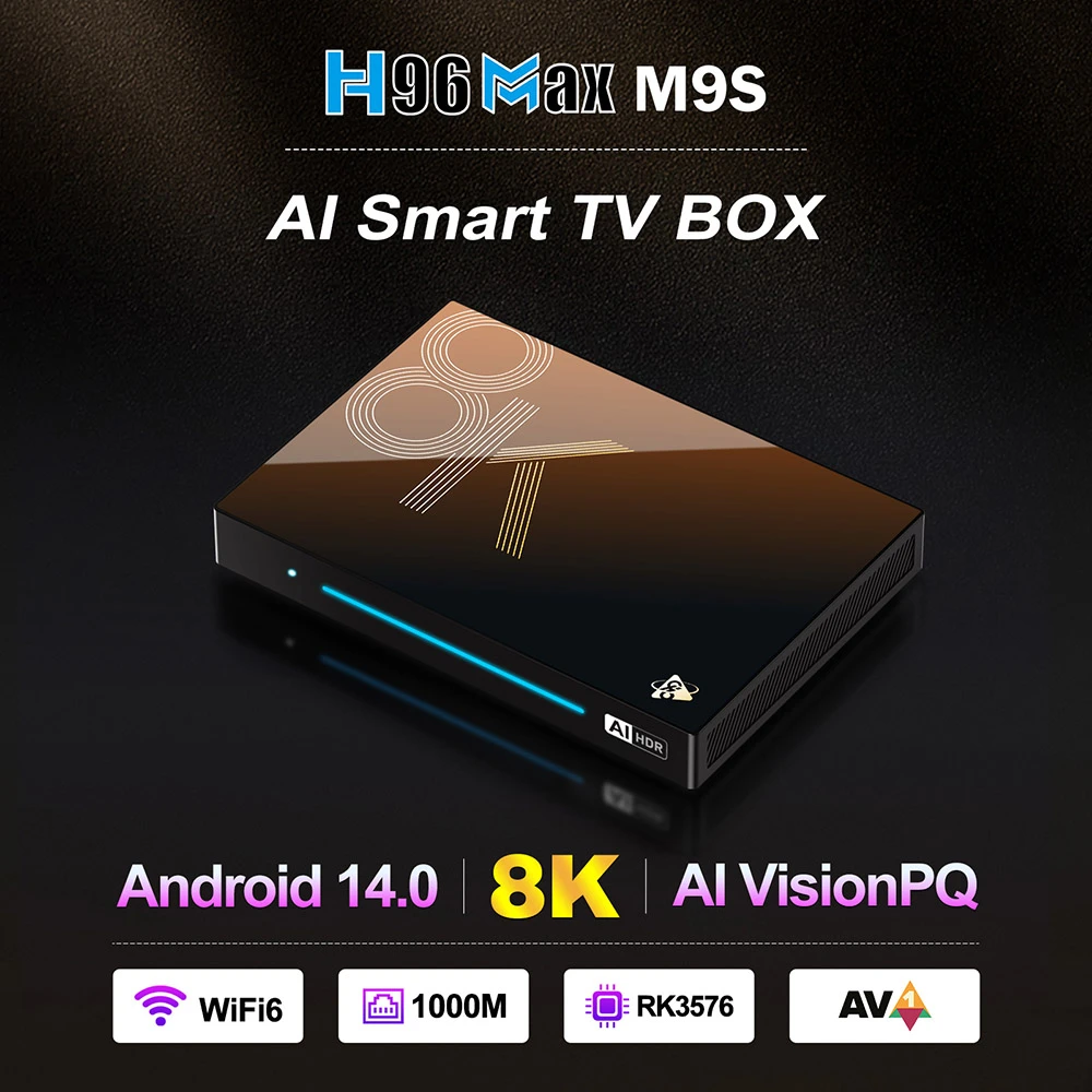 TV Box H96 Max M9S Android 14, 8 GB de RAM, 128 GB de ROM, RK3576 de 8 núcleos, decodificación 8K AV1, WiFi 6, Bluetooth 5.4, 1 USB 3.0, 1 USB 2.0, 1 HDMI 2.1, 1 Ethernet 1000 M, 1 SPDIF, 1 audio
