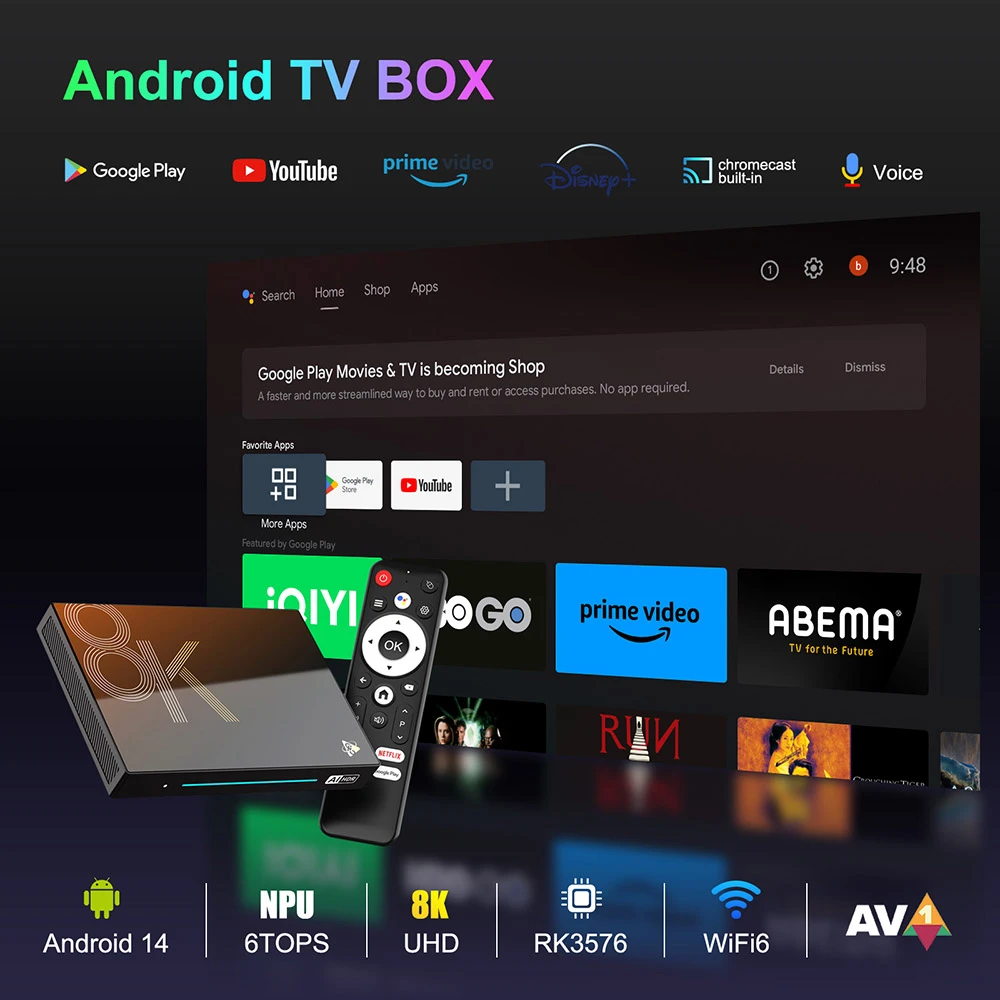 TV Box H96 Max M9S Android 14, 8 GB de RAM, 128 GB de ROM, RK3576 de 8 núcleos, decodificación 8K AV1, WiFi 6, Bluetooth 5.4, 1 USB 3.0, 1 USB 2.0, 1 HDMI 2.1, 1 Ethernet 1000 M, 1 SPDIF, 1 audio