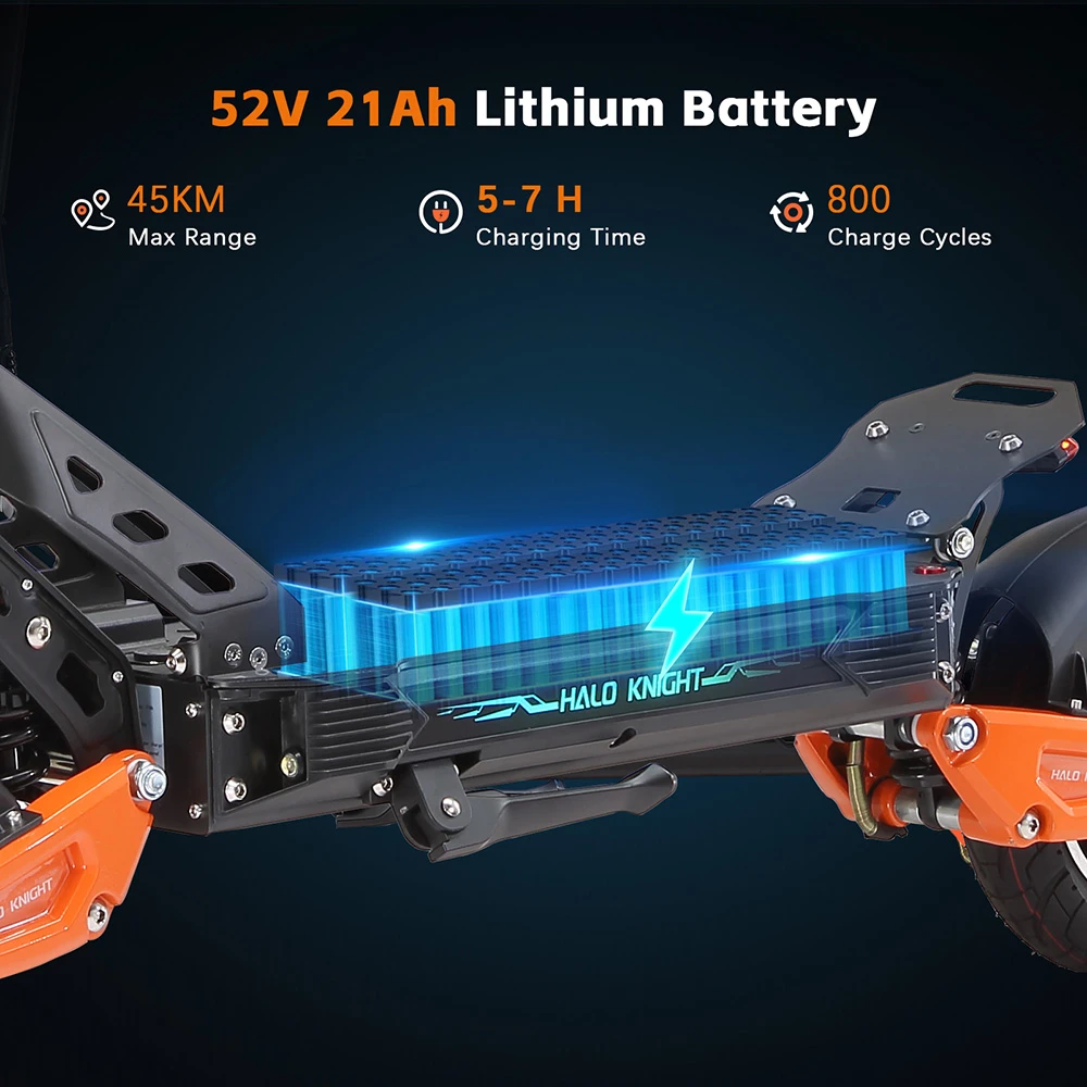 Trottinette électrique Halo Knight T102, moteur 1200 W, batterie 52 V 21 Ah, pneus 10 pouces, vitesse maximale 50 km/h, autonomie 45 km, doubles freins à disque, doubles suspensions