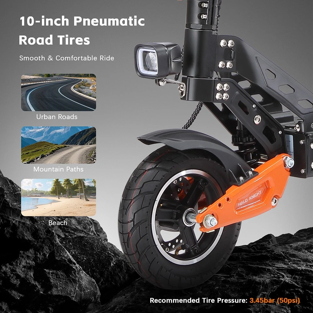 Trottinette électrique Halo Knight T102, moteur 1200 W, batterie 52 V 21 Ah, pneus 10 pouces, vitesse maximale 50 km/h, autonomie 45 km, doubles freins à disque, doubles suspensions