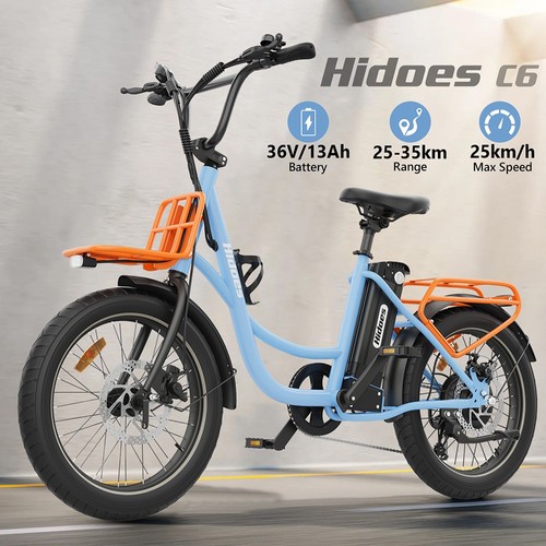 „Hidoes C6“ elektrinis dviratis, 250 W variklis, 36 V 13 Ah akumuliatorius, 20 x 3 colių padangos, maksimalus greitis 25 km/h, nuvažiuojamas atstumas 35 km, priekiniai ir galiniai mechaniniai diskiniai stabdžiai, „Shimano“ 7 pavarų, LCD ekranas