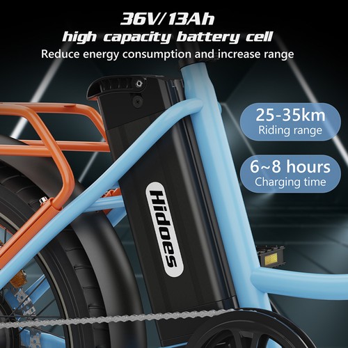 „Hidoes C6“ elektrinis dviratis, 250 W variklis, 36 V 13 Ah akumuliatorius, 20 x 3 colių padangos, maksimalus greitis 25 km/h, nuvažiuojamas atstumas 35 km, priekiniai ir galiniai mechaniniai diskiniai stabdžiai, „Shimano“ 7 pavarų, LCD ekranas