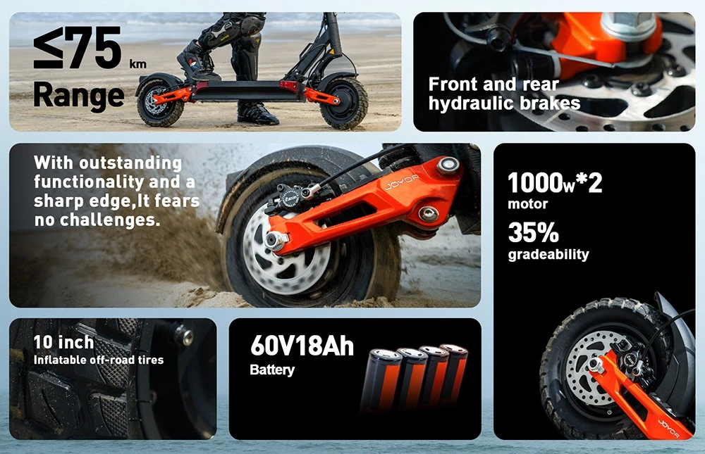 Trottinette électrique Joyor T10, moteur 2 x 1 000 W, batterie 60 V 18 Ah, pneus 10 pouces, vitesse maximale 60 km/h, autonomie 75 km, freins à disque hydrauliques avant et arrière, amortisseurs à ressort hydrauliques avant et arrière