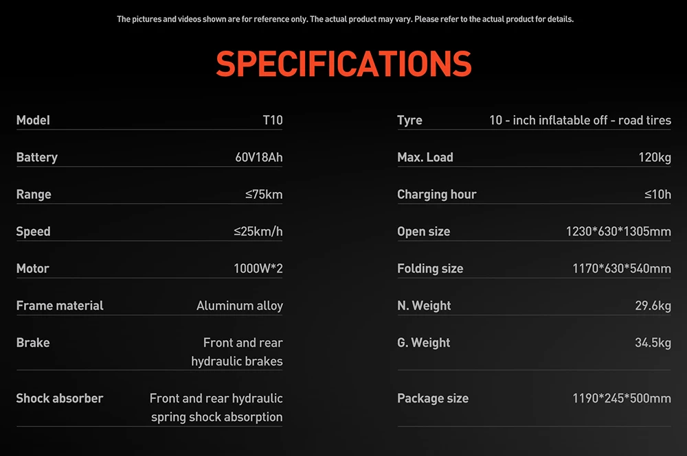 Trottinette électrique Joyor T10, moteur 2 x 1 000 W, batterie 60 V 18 Ah, pneus 10 pouces, vitesse maximale 60 km/h, autonomie 75 km, freins à disque hydrauliques avant et arrière, amortisseurs à ressort hydrauliques avant et arrière