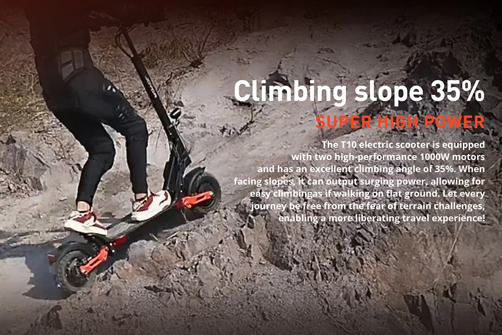 Trottinette électrique Joyor T10, moteur 2 x 1 000 W, batterie 60 V 18 Ah, pneus 10 pouces, vitesse maximale 60 km/h, autonomie 75 km, freins à disque hydrauliques avant et arrière, amortisseurs à ressort hydrauliques avant et arrière