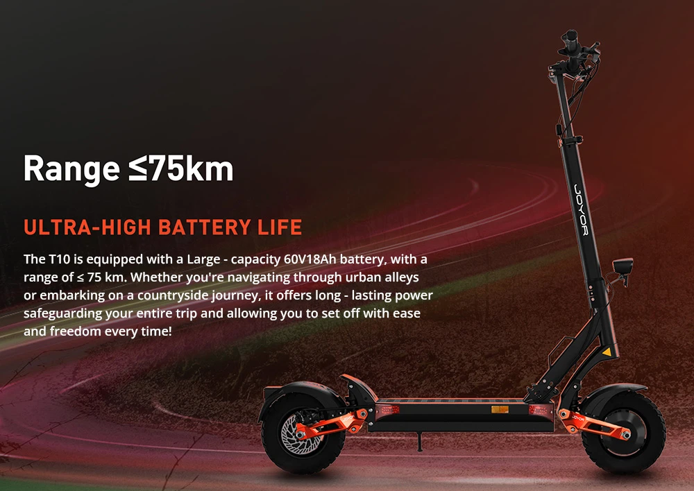 Trottinette électrique Joyor T10, moteur 2 x 1 000 W, batterie 60 V 18 Ah, pneus 10 pouces, vitesse maximale 60 km/h, autonomie 75 km, freins à disque hydrauliques avant et arrière, amortisseurs à ressort hydrauliques avant et arrière