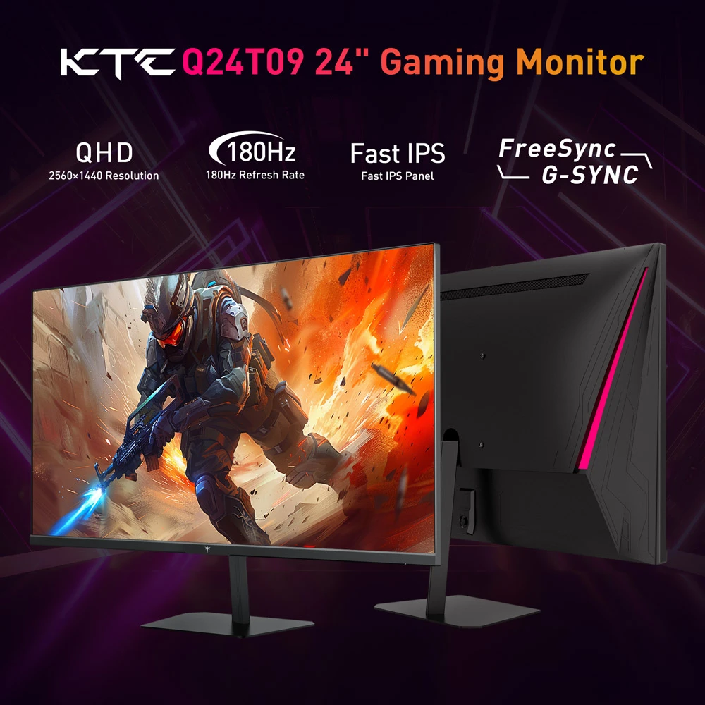 Monitor da gioco KTC Q24T09, schermo IPS veloce da 24 pollici 2560*1440 16:9, frequenza di aggiornamento 180 Hz, FreeSync e G-Sync, 126% sRGB, supporto HDR, bassa luce blu, supporto per montaggio a parete e regolazione dell'inclinazione, 2 x HDMI2.0, 2 x DP1.4, 1 x jack per cuffie