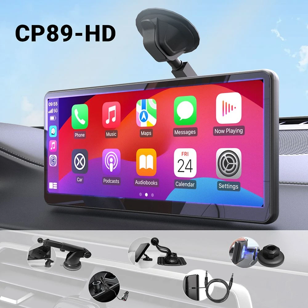 MINIX CP89-HD Tragbares kabelloses CarPlay/Android Auto-Display, 60 FPS 8,9 Zoll 1920 x 720 IPS-Touchscreen, magnetische Saugnapf, Plug-and-Play, Dual Bluetooth/3,5 mm AUX/FM-Transmitter/Eingebauter Lautsprecher, Tastensteuerung, Umgebungslicht