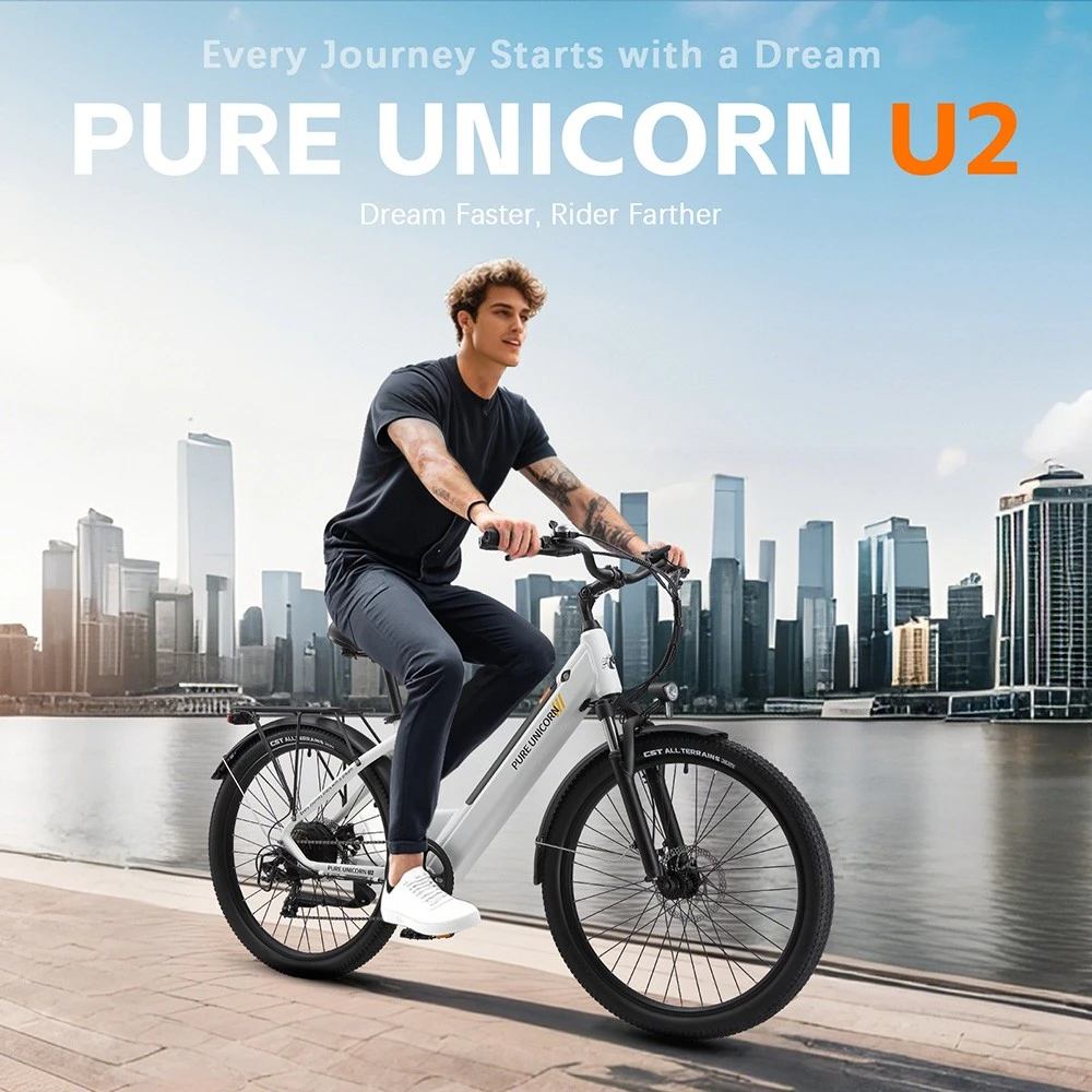 Vélo électrique PURE UNICORN U2, moteur 750 W, batterie 48 V 12,8 Ah, pneus 27,5 pouces, vitesse maximale 45 km/h, autonomie 60 km, freins à disque mécaniques, suspension avant, transmission Shimano 7 vitesses - Blanc