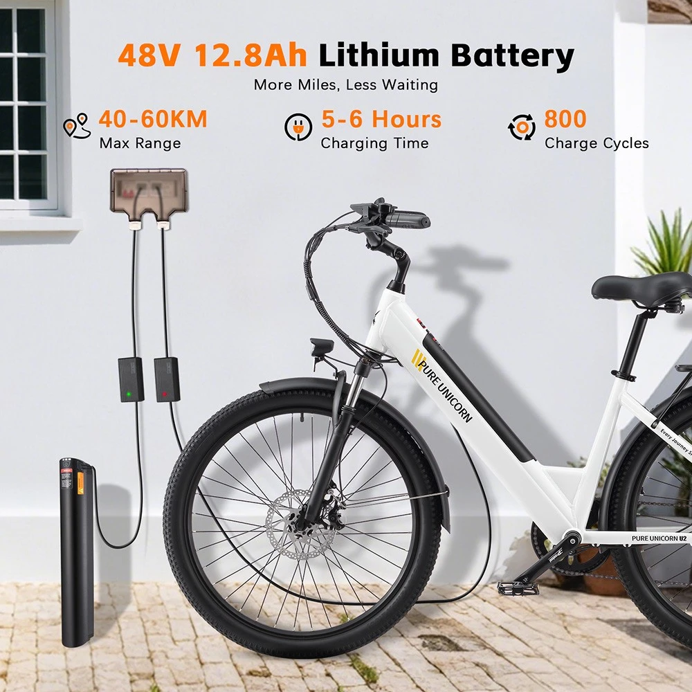 Vélo électrique PURE UNICORN U2, moteur 750 W, batterie 48 V 12,8 Ah, pneus 27,5 pouces, vitesse maximale 45 km/h, autonomie 60 km, freins à disque mécaniques, suspension avant, transmission Shimano 7 vitesses - Blanc