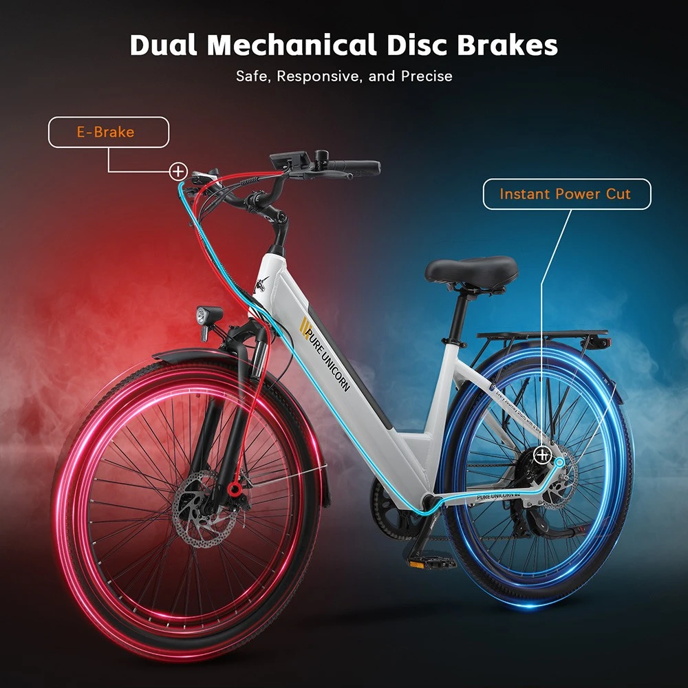 Vélo électrique PURE UNICORN U2, moteur 750 W, batterie 48 V 12,8 Ah, pneus 27,5 pouces, vitesse maximale 45 km/h, autonomie 60 km, freins à disque mécaniques, suspension avant, transmission Shimano 7 vitesses - Blanc
