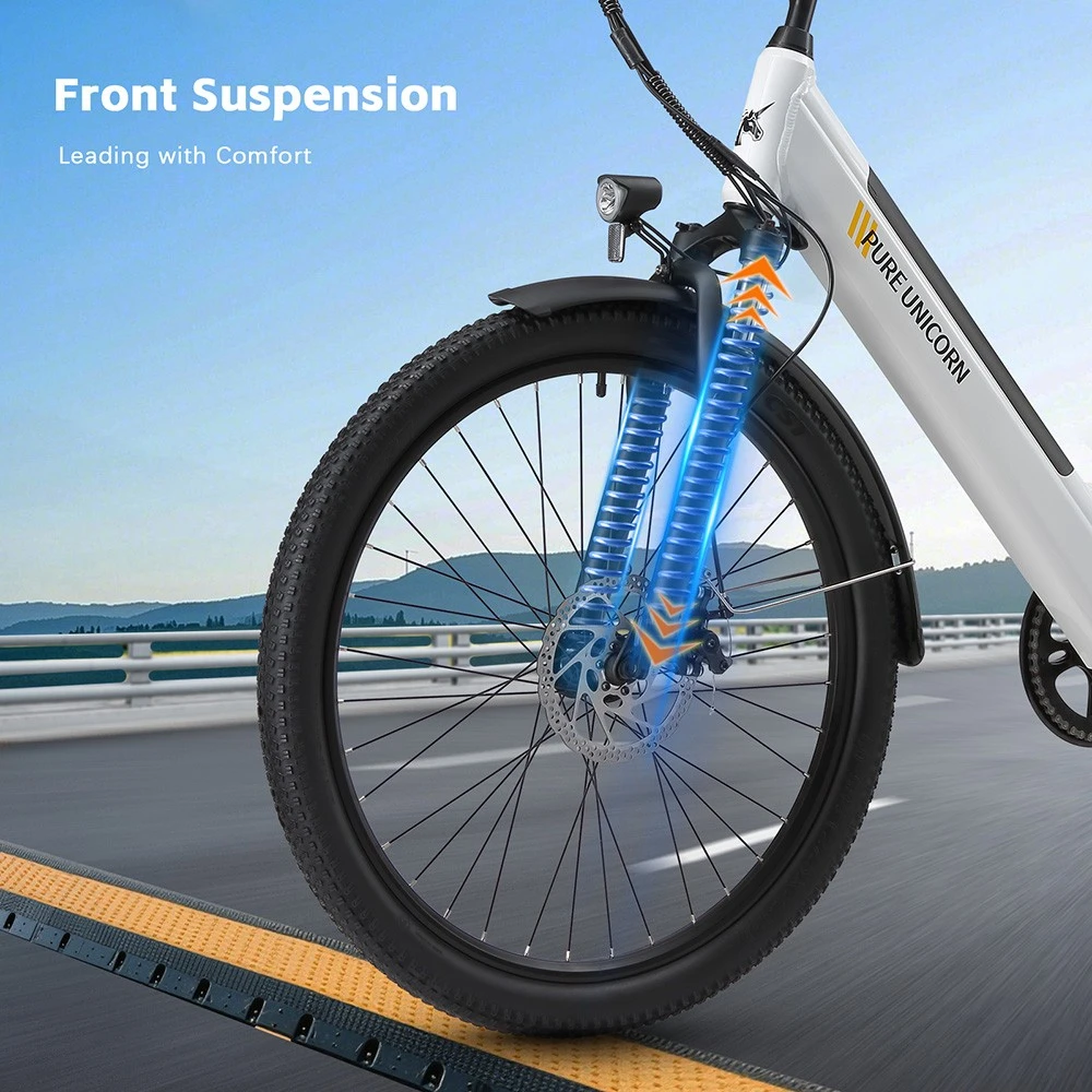 Vélo électrique PURE UNICORN U2, moteur 750 W, batterie 48 V 12,8 Ah, pneus 27,5 pouces, vitesse maximale 45 km/h, autonomie 60 km, freins à disque mécaniques, suspension avant, transmission Shimano 7 vitesses - Blanc