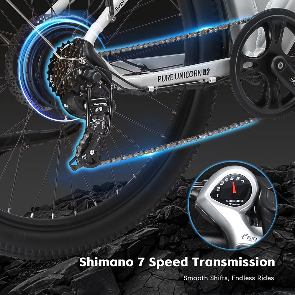 Vélo électrique PURE UNICORN U2, moteur 750 W, batterie 48 V 12,8 Ah, pneus 27,5 pouces, vitesse maximale 45 km/h, autonomie 60 km, freins à disque mécaniques, suspension avant, transmission Shimano 7 vitesses - Blanc