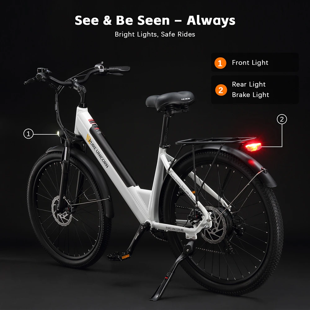 Vélo électrique PURE UNICORN U2, moteur 750 W, batterie 48 V 12,8 Ah, pneus 27,5 pouces, vitesse maximale 45 km/h, autonomie 60 km, freins à disque mécaniques, suspension avant, transmission Shimano 7 vitesses - Blanc
