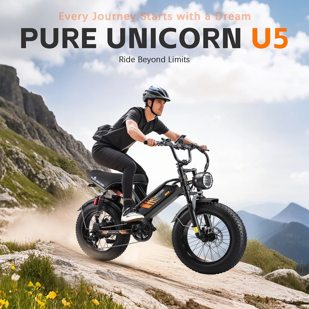 Vélo électrique PURE UNICORN U5, moteur 1000 W, batterie 48 V 19,2 Ah, pneus larges 20 x 4 pouces, vitesse maximale 45 km/h, autonomie 80 km, freins hydrauliques, suspensions avant et arrière, Shimano 7 vitesses