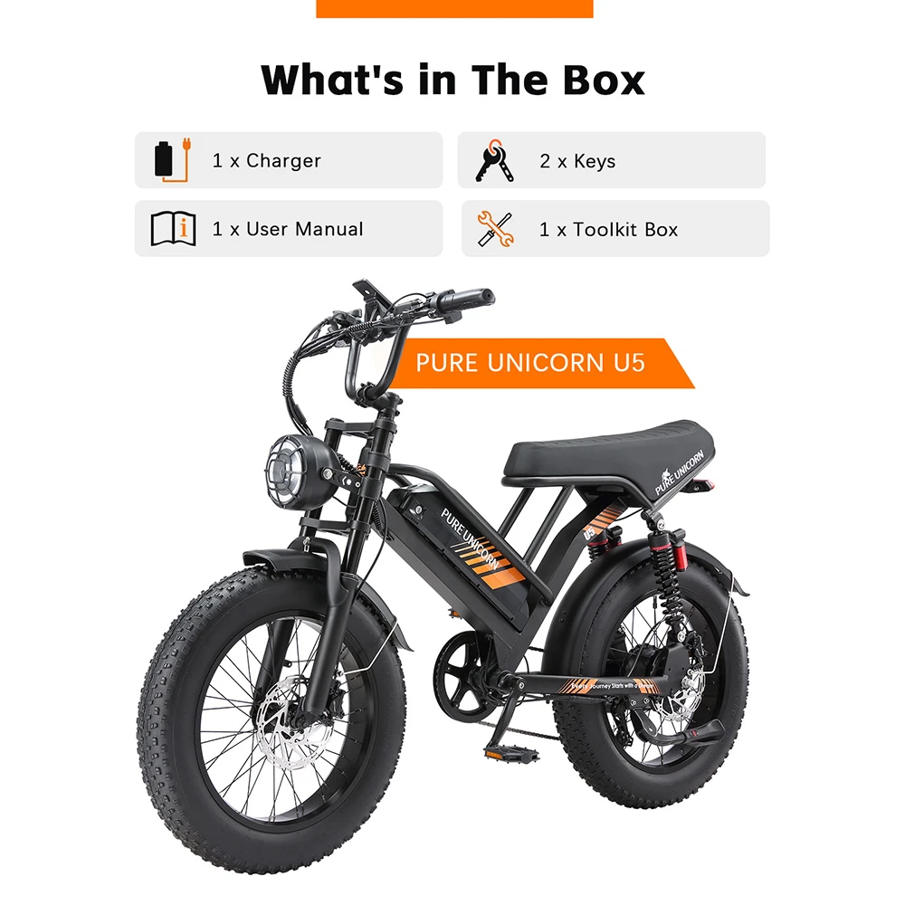 Vélo électrique PURE UNICORN U5, moteur 1000 W, batterie 48 V 19,2 Ah, pneus larges 20 x 4 pouces, vitesse maximale 45 km/h, autonomie 80 km, freins hydrauliques, suspensions avant et arrière, Shimano 7 vitesses