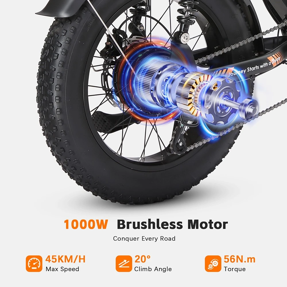 Vélo électrique PURE UNICORN U5, moteur 1000 W, batterie 48 V 19,2 Ah, pneus larges 20 x 4 pouces, vitesse maximale 45 km/h, autonomie 80 km, freins hydrauliques, suspensions avant et arrière, Shimano 7 vitesses