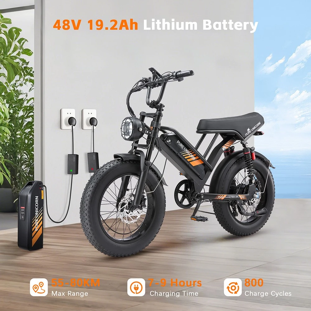 Vélo électrique PURE UNICORN U5, moteur 1000 W, batterie 48 V 19,2 Ah, pneus larges 20 x 4 pouces, vitesse maximale 45 km/h, autonomie 80 km, freins hydrauliques, suspensions avant et arrière, Shimano 7 vitesses