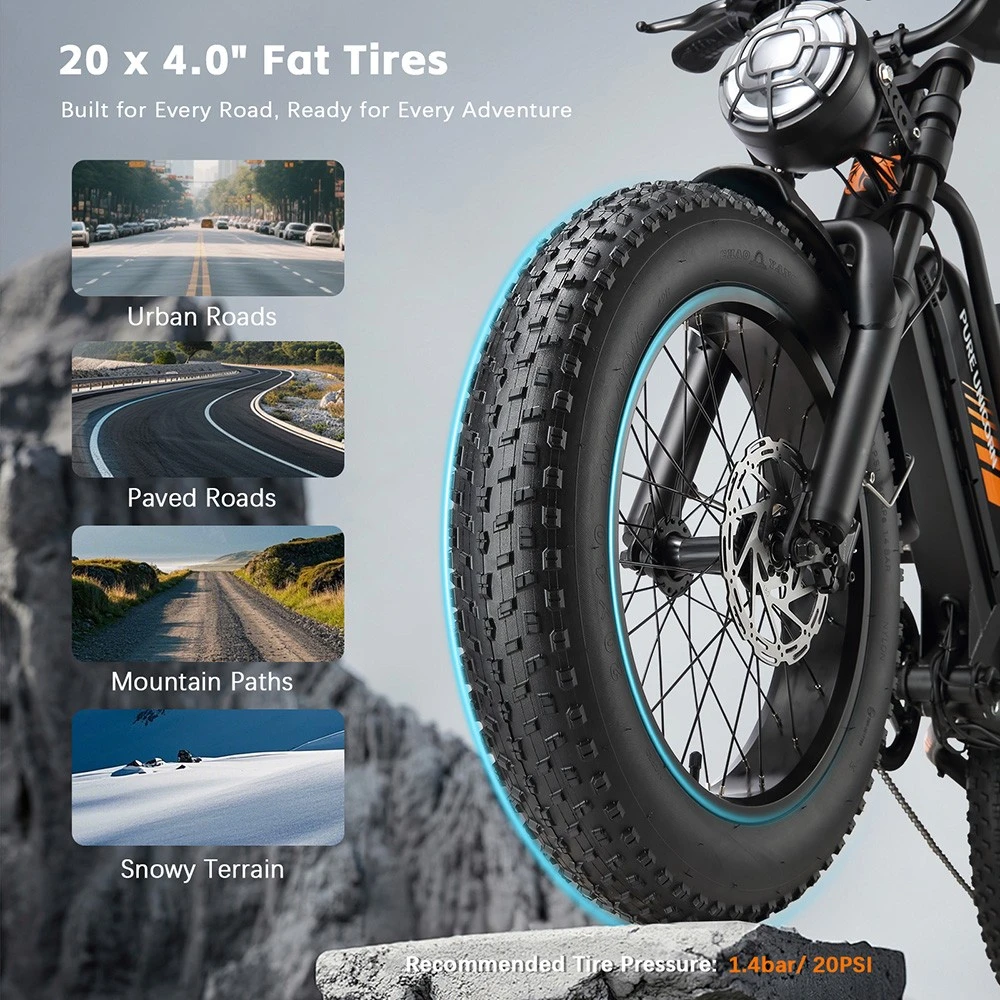 Vélo électrique PURE UNICORN U5, moteur 1000 W, batterie 48 V 19,2 Ah, pneus larges 20 x 4 pouces, vitesse maximale 45 km/h, autonomie 80 km, freins hydrauliques, suspensions avant et arrière, Shimano 7 vitesses