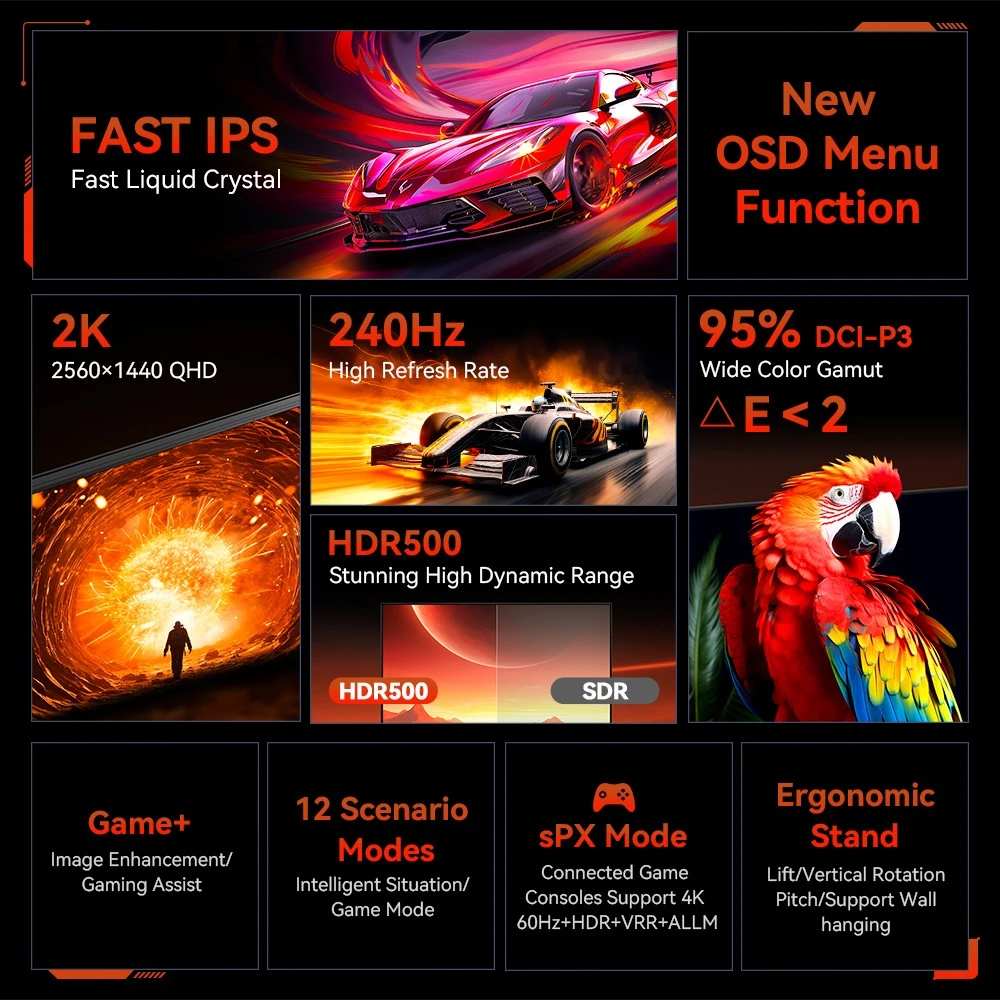 TITAN ARMY P2510S PLUS Gaming Monitor, 24.5 inch 2560*1440 FAST IPS Screen, 240Hz Refresh Rate, HDR500, 123% sRGB, Adaptive-Sync, Game+ Assist, PIP/PBP Display, Dynamic OD, 12 Scenario Modes, Low Blue Light, 2*HDMI2.0, 2*DP1.4, 1*Audio out