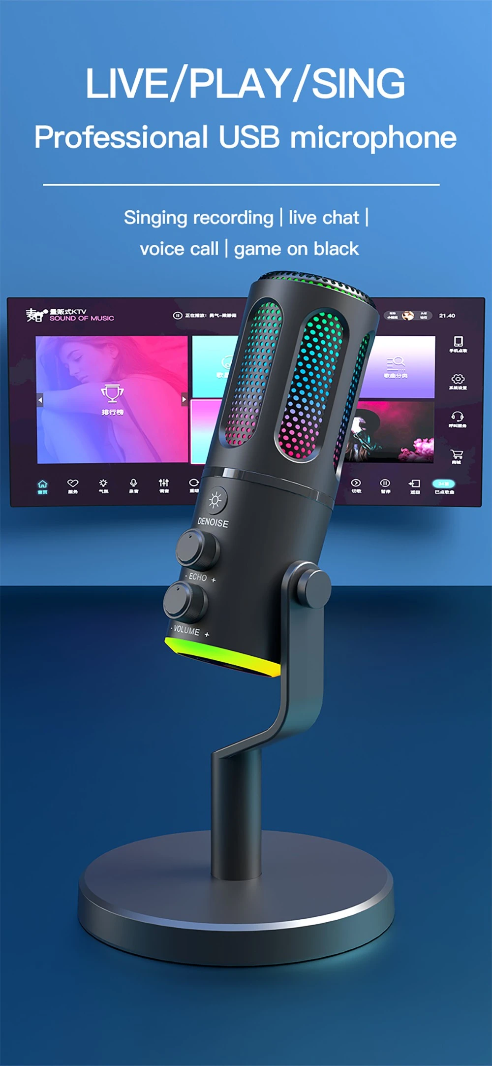 USB Plug and Play Desktop Microphone, RGB Lighting, Active Noise Reduction