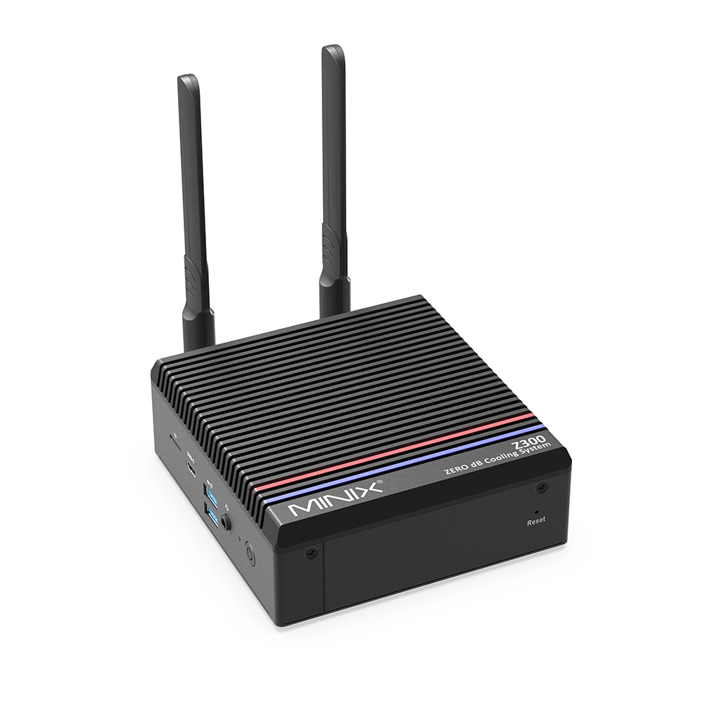 Mini PC sans ventilateur MINIX Z300-0dB, processeur Intel N300 8 cœurs, fréquence maximale : 3,60 GHz, 16 Go de RAM, SSD de 512 Go, 2 ports HDMI 4K double écran, Wi-Fi 6, Bluetooth 5.2, 1 port USB-C (données uniquement), 2 ports USB 3.2, 1 port RJ45, 1 port jack audio, 2 antennes Wi-Fi externes