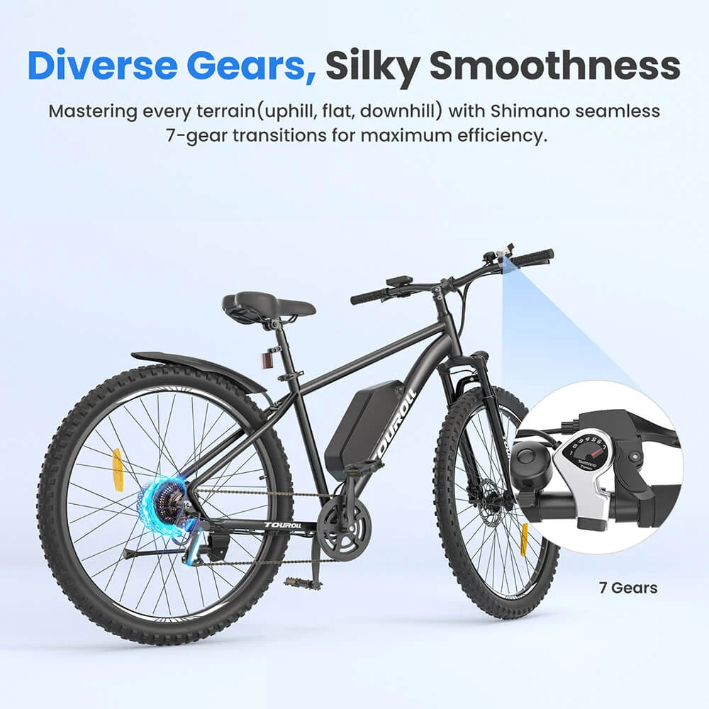 Bici elettrica Touroll U2, motore da 250 W, batteria da 48 V 15 Ah, pneumatici da 29 pollici, autonomia 150 km, freno a disco idraulico, forcella ammortizzata, cambio Shimano a 7 velocità.