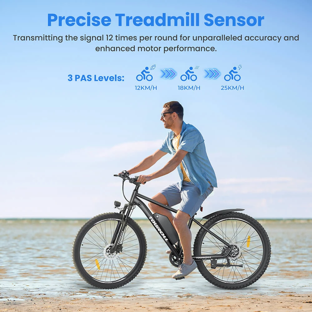 Bici elettrica Touroll U2, motore da 250 W, batteria da 48 V 15 Ah, pneumatici da 29 pollici, autonomia 150 km, freno a disco idraulico, forcella ammortizzata, cambio Shimano a 7 velocità.