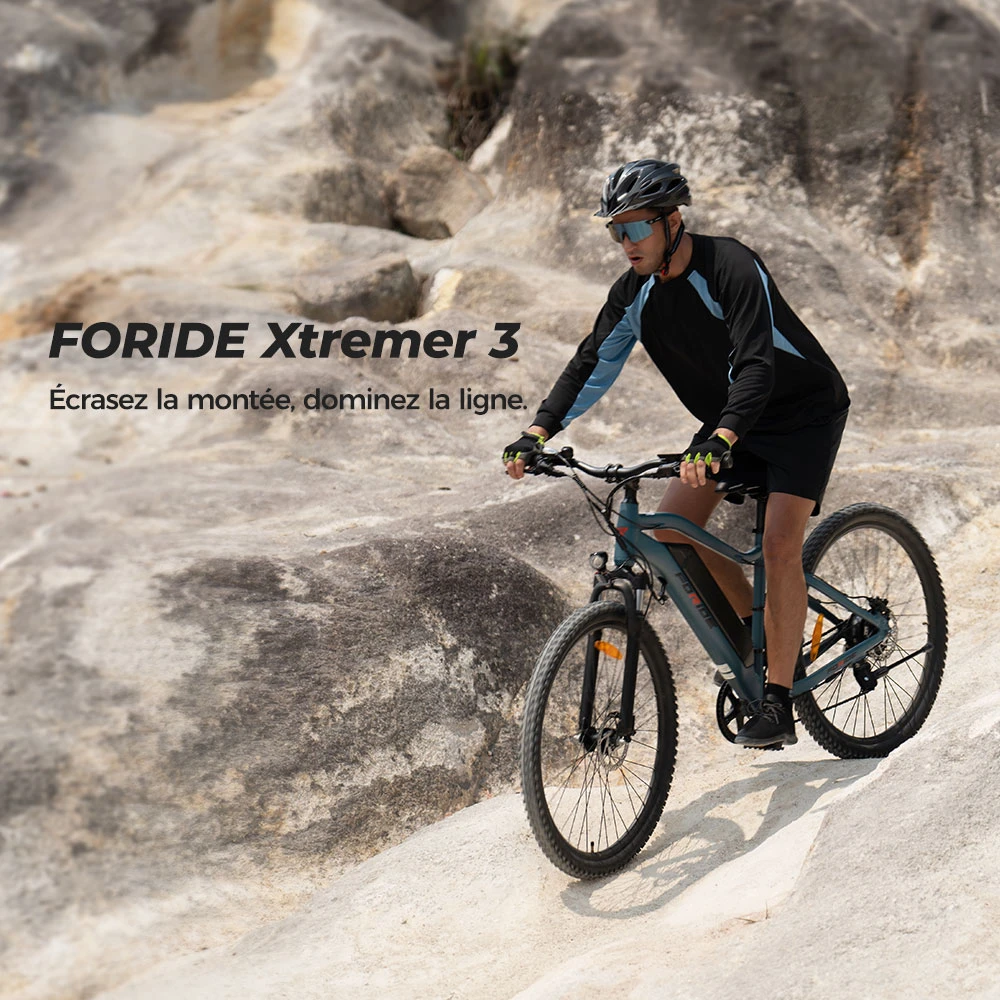 Foride Xtremer 3 Vélo électrique, moteur 250 W, batterie 48 V 12 Ah, pneus 29 x 2,4 pouces, vitesse maximale 25 km/h, autonomie maximale 120 km, freins à disque hydrauliques, suspension avec blocage, transmission Shimano 7 vitesses