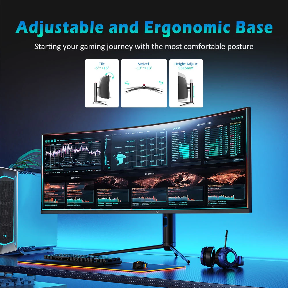 TITAN ARMY C49SHC Moniteur de jeu, 49 pouces, panneau CSOT HVA 38401080, écran incurvé surdimensionné 32:9, taux de rafraîchissement élevé de 144 Hz, écran partagé PIP/PBP intelligent, Adaptive-Sync, 1HDMI 2.0 1DP 1.4 1USB-C complet 1USB-B 2USB-A, charge inversée 65 W