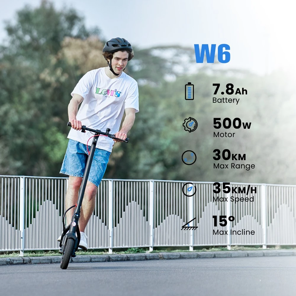 iScooter W6, faltbarer Elektroroller, 500-W-Motor, 36-V-7,8-Ah-Akku, 10-Zoll-Reifen, 35 km/h Höchstgeschwindigkeit, 30 km Reichweite, Scheibenbremse hinten, LCD-Display