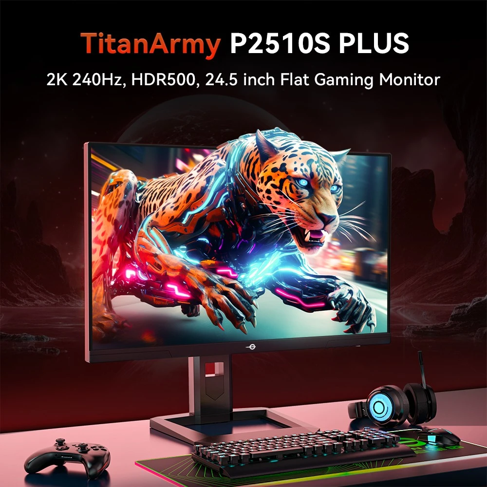 TITAN ARMY P2510S PLUS 24.5 inch Gaming Monitor, 2560*1440 16:9 Fast IPS Screen, 240Hz Refresh Rate, HDR500, 123% sRGB, Adaptive-Sync, Dynamic OD, Game+ Assist, 12 Scenario Modes, PIP & PBP Display, Low Blue Light, Height-adjustable Swivel Stand