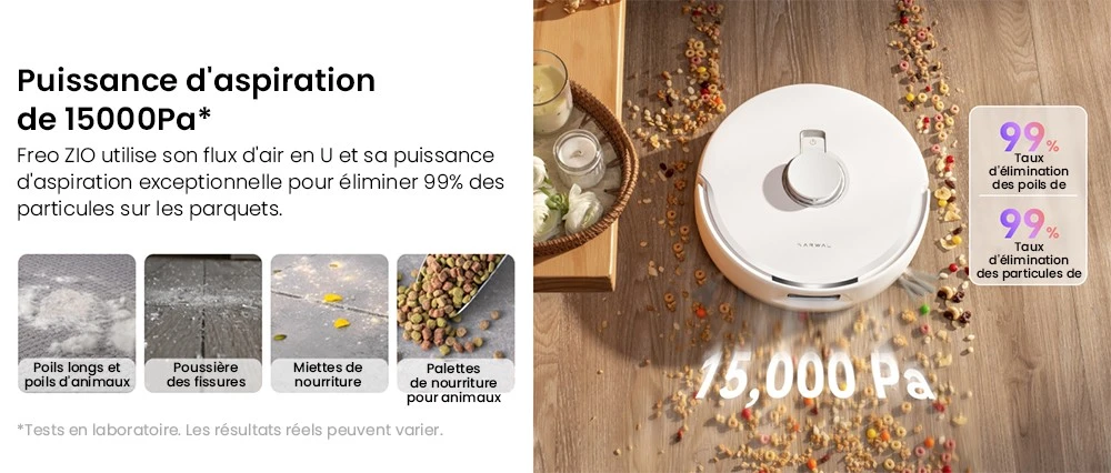 Aspirateur robot laveur NARWAL Freo Z10, anti-emmêlement, aspiration 15 000 Pa, s'adapte aux zones difficiles d'accès, autovidage, lavage et séchage à la serpillière, évite les obstacles, pour poils d'animaux et sols durs, blanc