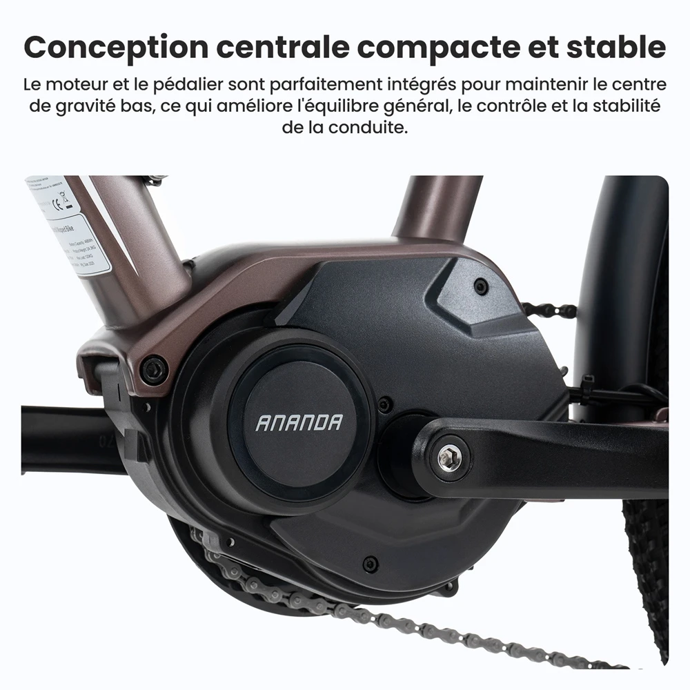 Touroll MA2 Vélo électrique, moteur central 250 W, batterie 36 V 13 Ah, pneus 27,5 pouces, vitesse maximale 25 km/h, autonomie maximale 100 km, frein à disque hydraulique, fourche à suspension avec blocage, transmission Shimano 7 vitesses - Marron