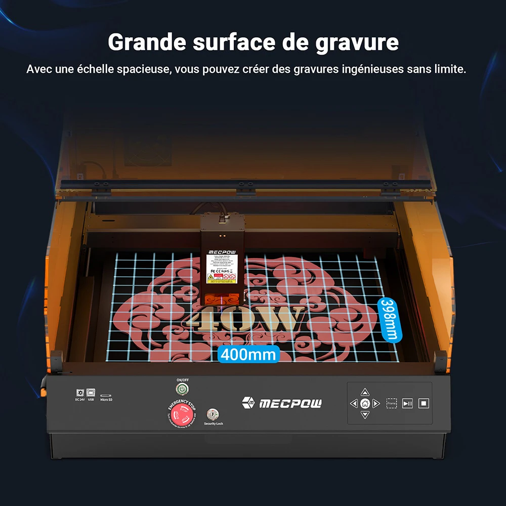 Mecpow X4 Pro 40W Graveur Laser, Classe 1 FDA, Avec Caméra, 400*398mm