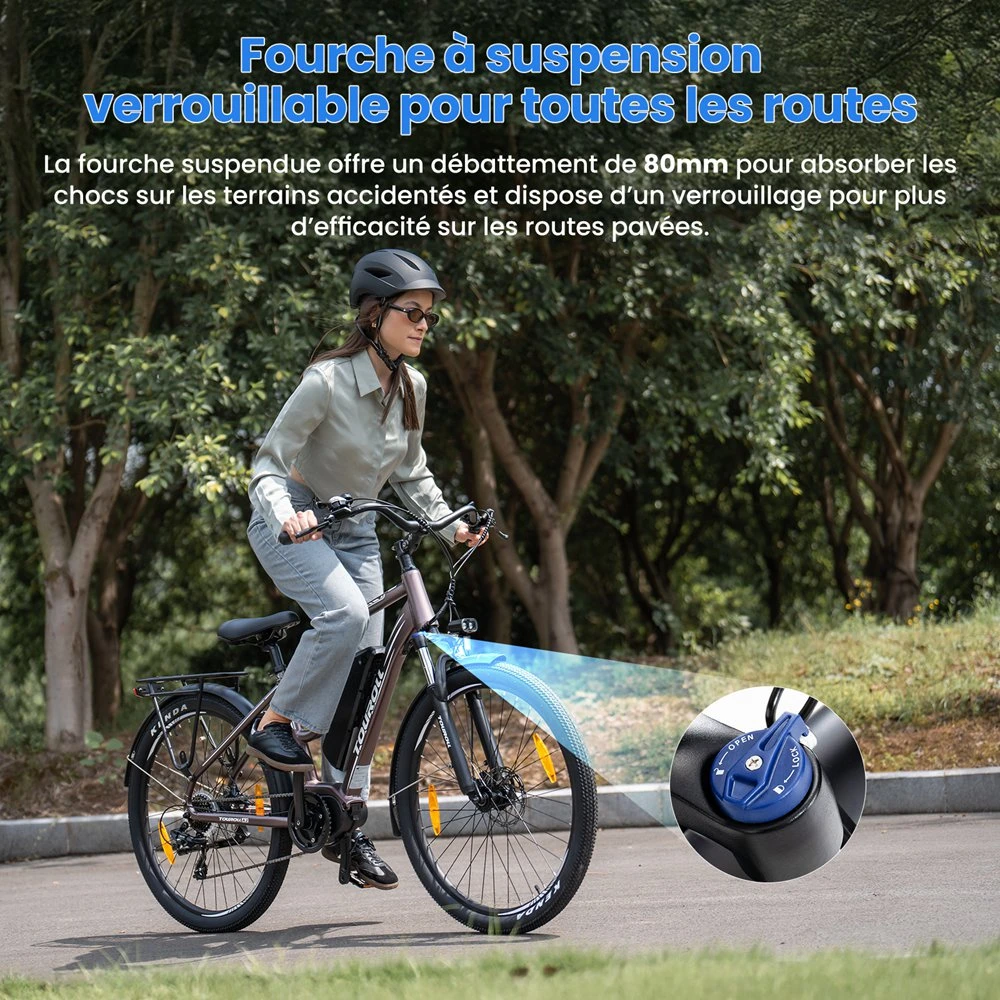 Touroll MA2 Vélo électrique, moteur central 250 W, batterie 36 V 13 Ah, pneus 27,5 pouces, vitesse maximale 25 km/h, autonomie maximale 100 km, frein à disque hydraulique, fourche à suspension avec blocage, transmission Shimano 7 vitesses - Marron