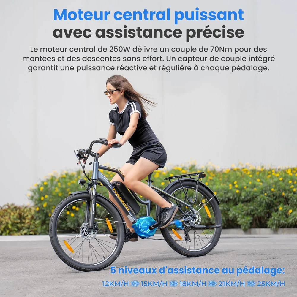 Touroll MA2 Vélo électrique, moteur central 250 W, batterie 36 V 13 Ah, pneus 27,5 pouces, vitesse maximale 25 km/h, autonomie maximale 100 km, frein à disque hydraulique, fourche à suspension avec blocage, transmission Shimano 7 vitesses - Marron